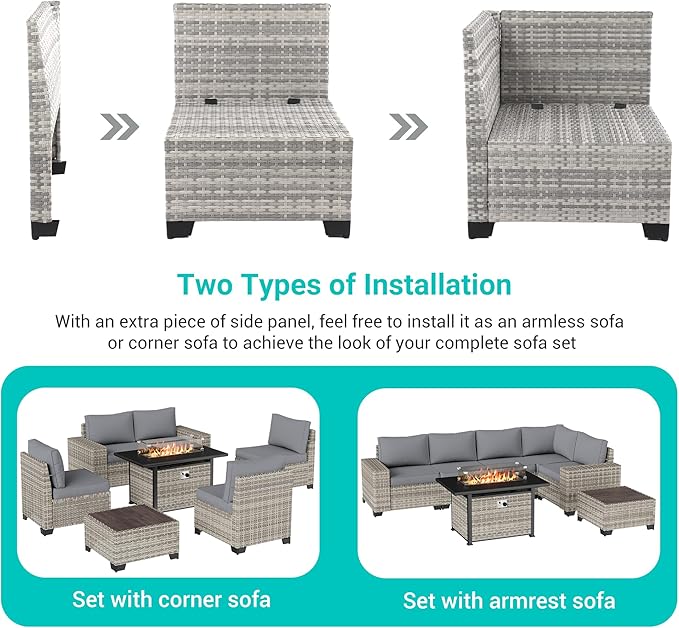 7-Piece Outdoor Patio Furniture Set with 55,000 BTU Fire Pit Table, PE Wicker Rattan Sectional Sofa Patio Conversation Set with Thickened Cushions & Coffee Table, Grey
