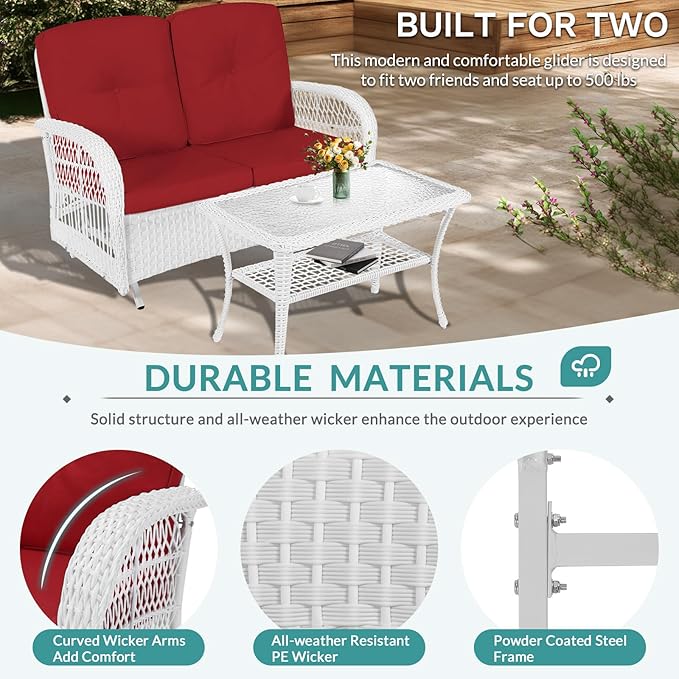 MEETWARM Outdoor Wicker Patio Glider Set, Loveseat for 2 Person Porch Furniture Glider with Glass-Top Coffee Table, Patio Glider Rocking Bench with Thickened Cushions, White Wicker/Red