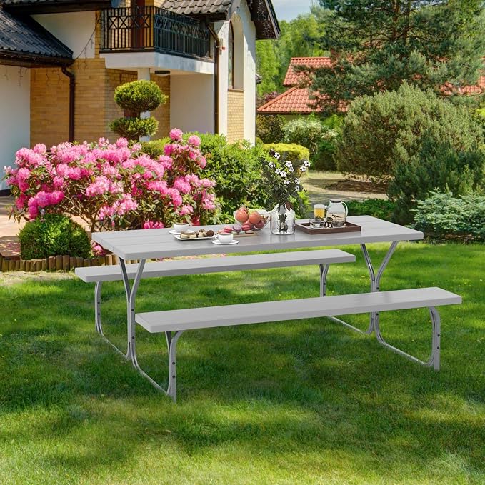 Tangkula 6 Ft Picnic Table with 2 Built-in Benches, Umbrella Hole, Metal Frame & HDPE Tabletop, 8-Person Large Table and Bench Set for Garden, Backyard, Patio (Grey)