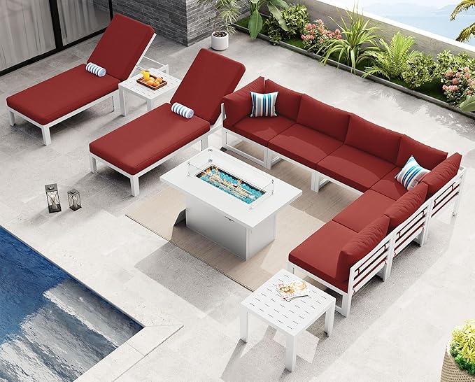 NICESOUL 11 Piece Oversized Modular Aluminum Outdoor Furniture Set with Chaise Lounge, 29" Deep and Wide Sectional Seating, 500 lbs High Weight Capacity Patio Conversation Set for Poolside Deck, Red