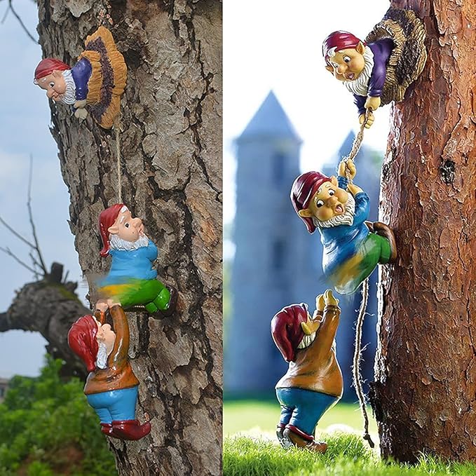 Climbing Gnome Patio Statue Gift,Outdoor Garden Fairy Elves Accent,Whimsical Gnomes Lawn Ornament Sculpture,Hanging Gnomes Yard Art, Funny Resin Decor,Clearance Tree Face Hugger Figurine
