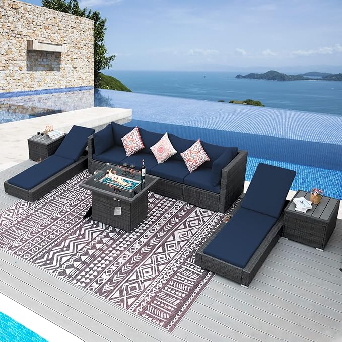 NICESOUL 9 Piece Outdoor Patio Furniture Set with Fire Pit, Modern Backyard Sectional with Chaise Lounge, Cozy 29.3'' High-Back Outside Seating Sofa, All-Weather Wicker Couch for Garden, Grey & Blue