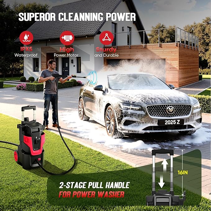 Heavy Duty MAX5000 PSI Pressure Washer, 3-Speed Adjustable Power Washer with 2-Stage Pull Rod, 4 Nozzles, Foam Cannon & 500ml Soap Bottle for Car, Home & Outdoor Cleaning,Red
