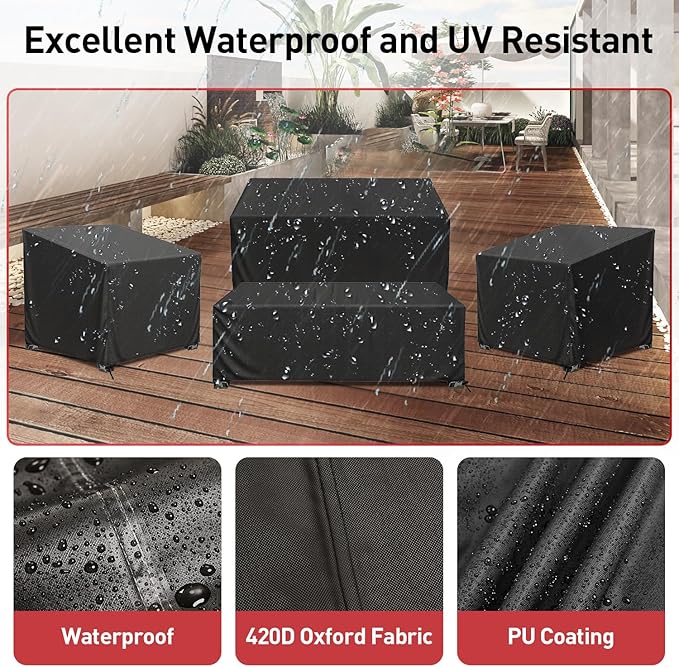 Patio Furniture Covers, 4 Piece Heavy Duty Waterproof Outdoor Furniture Cover with Windproof Buckle Strap, Rattan Wicker Patio Furniture Set Cover for Chair Sofa Black (Black, X-Large)