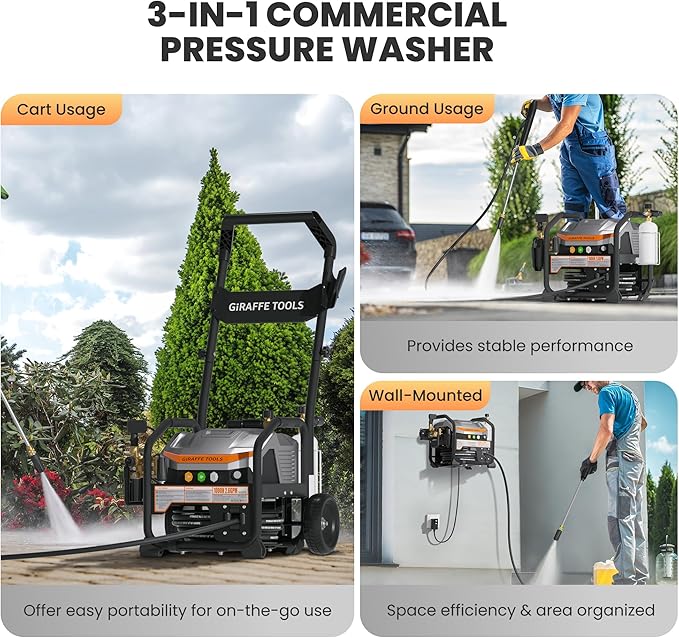 Giraffe Tools Crossfalls Retractable Pressure Washer Ultra, Max 2.6GPM 1650PSI with 1800W Brushless Motor, Wall Mount Electric Power Washer, 4-Nozzle, Automatic Rewind, 50ft Pressure Hoses with Cart