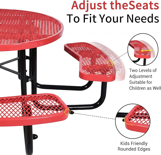 46" Round Metal Picnic Table for 4-8 Person, Durable Heavy Duty Commercial Picnic Table with Umbrella Hole for Outdoor Coffee Shop, School, Hospital, Easy to Install, Red