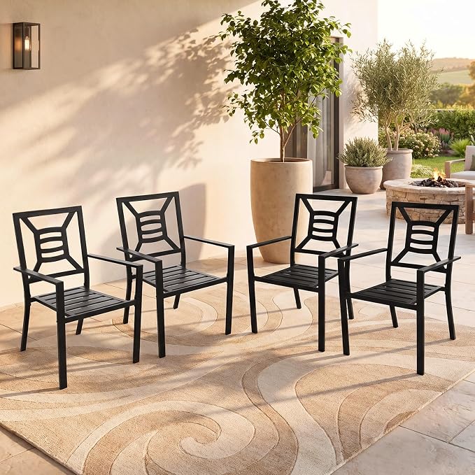 Patio Dining Chairs Set of 4, Stackable Metal Patio Chairs with High Back for Deck Bistro Porch Lawn, Black Wrought Iron Outdoor Dining Chairs