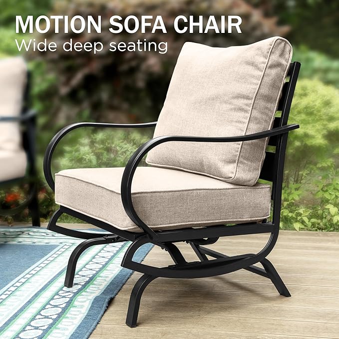 PHI VILLA 4 PCS Patio Furniture with FirePit Table, Outdoor Furniture Set with 1 x 45 Inch Metal Fire Table, 1 x 3 Seater Cushioned Deep Seating Bench & 2 x Motion Sofa Chairs