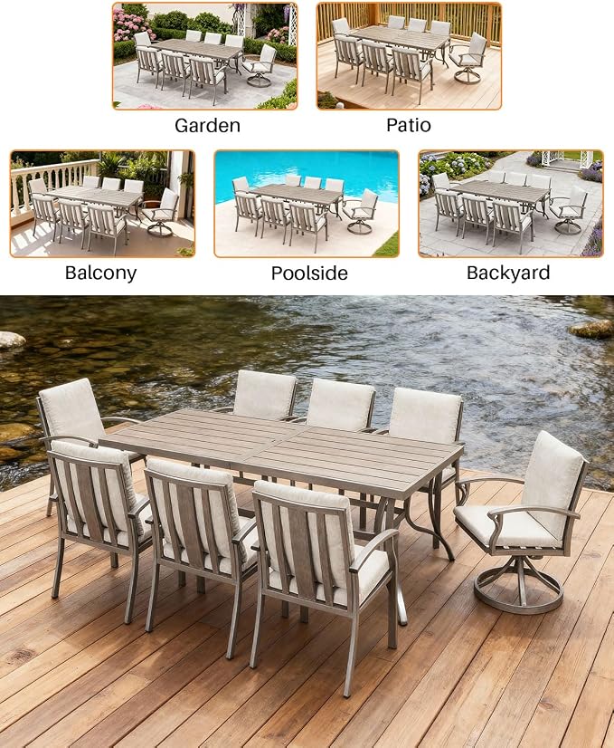 Patio Dining Table for 8, Never Rusts Aluminum Outdoor Dining Table, 84" x 38.6" Rectangular Patio Table for Outside, Outdoor Patio Table for Deck, Garden Poolside, Limed Oak