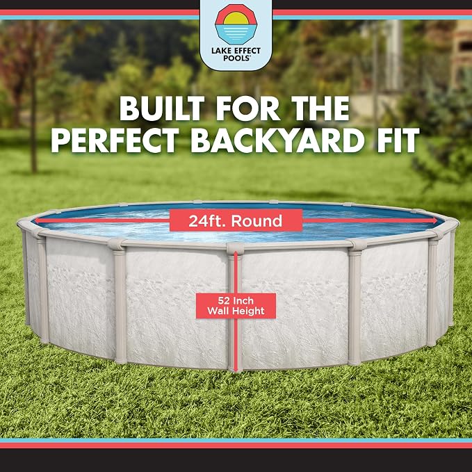 Lake Effect Pools 'Antigua' 24 ft Round Above Ground Swimming Pool | 52 Inch Steel Sided Walls | Kit Includes: 25 Gauge Overlap Liner & Widemouth Skimmer