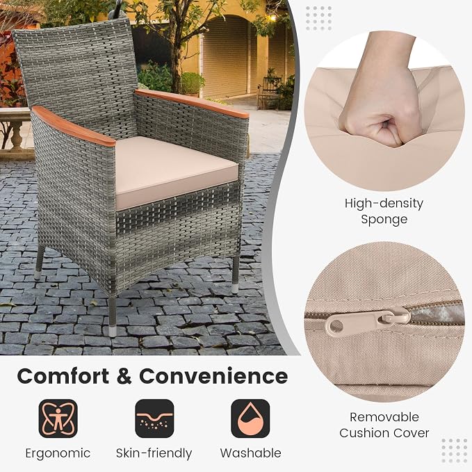 9 Pieces Outdoor Wicker Dining Set with Umbrella Hole, Patio Dining Furniture Set with Acacia Wood Table and Chairs, Garden Dining Table Set for Backyard, Desk, Poolside (Gray)