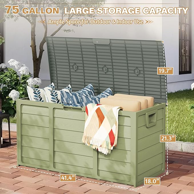 75 Gallon Outdoor Deck Storage Box – Heavy Duty Resin with Lockable Lid, Waterproof & UV Resistant for Patio Furniture, Garden Tools(Green)