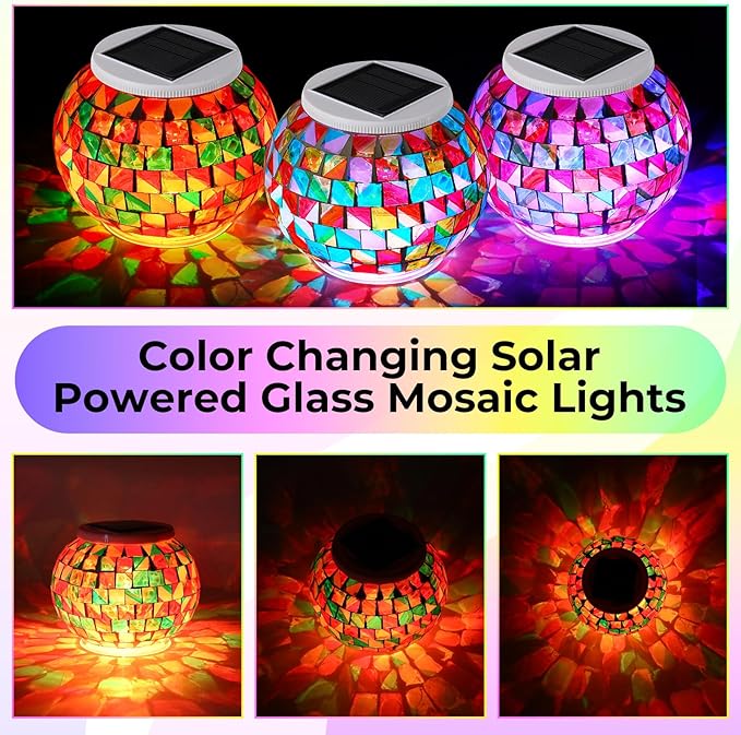 VIHOSE 4 Pcs Color Changing Mosaic Solar Lights Outdoor LED Ball Globe Garden Table Light Waterproof Solar Night Lamps for Christmas Patio Garden Party Yard