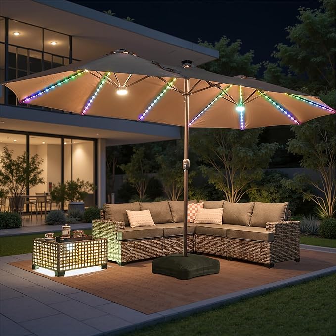 15ft Patio Umbrella with Base Included, Rectangle Double Patio Umbrellas with Crank Handle 12 Ribs, Heavy Duty Large Table Umbrella for Pool Deck Garden Party Commercial