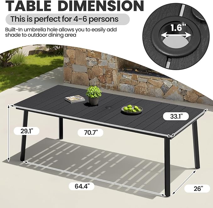Crestlive Products Outdoor Dining Table for 6, 70" Rectangular Patio Table with Metal Frame 1.6" Umbrella Hole for Backyard Balcony Garden, Black