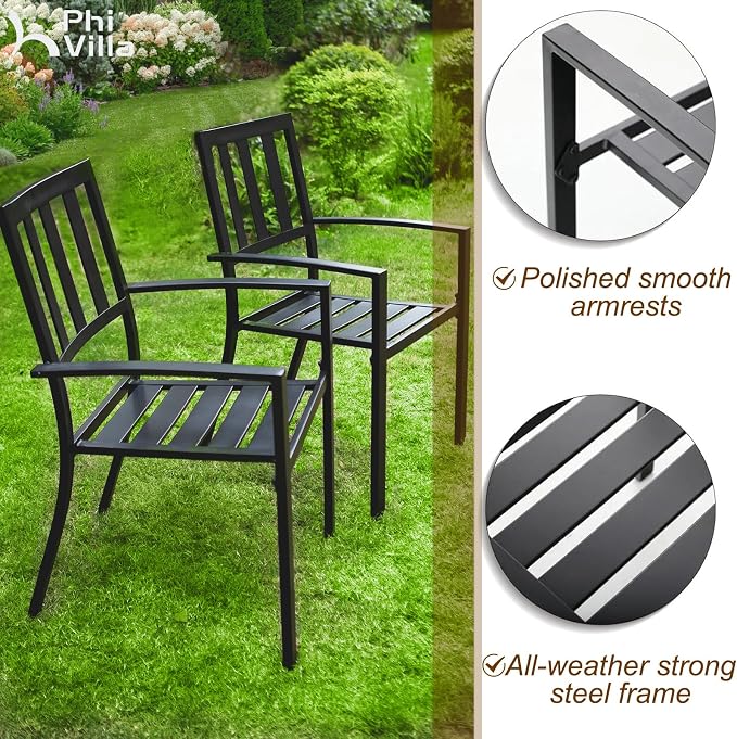 PHI VILLA Outdoor Dining Set for 8,57.5" Wood-Like Metal Table | Brown Square Metal Steel Table&Stackable Wrought Iron Chairs,Patio Furniture Set for Patio, Deck, Yard, Porch