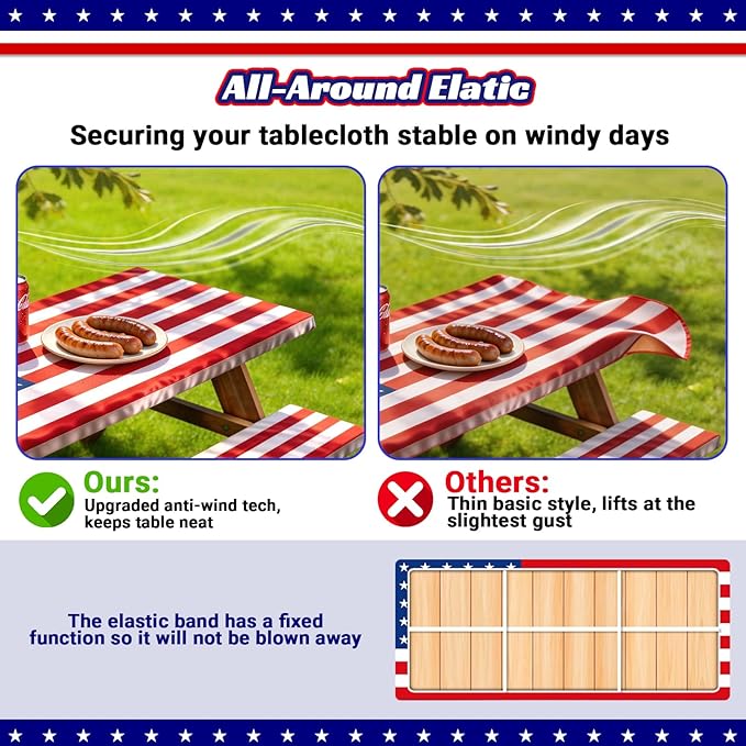 NUOLAN 6FT American Flag Picnic Table Cover with Bench Covers Set 250th Anniversary 4th of July Windproof Waterproof Fitted Tablecloth with Elastic for Patriotic Outdoor Decor Camping
