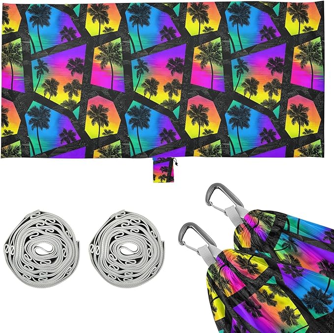 Camping Hammock Outdoor Hammocks for Outside Geometric Palm Tree Beach Trees Portable Lightweight with Pockets Tree Straps Indoor Small