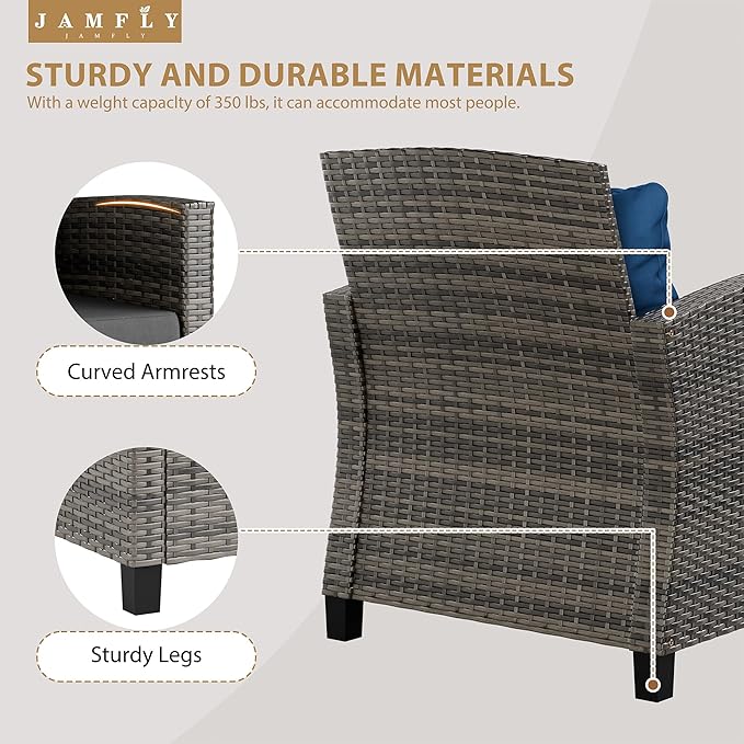 JAMFLY 3 Piece Wicker Patio Furniture Set - Space Saving Outdoor Rattan Conversation Set with Soft Cushions & Glass Coffee Table for Balcony, Porch, Small Backyard - All Weather Blue Bistro Set