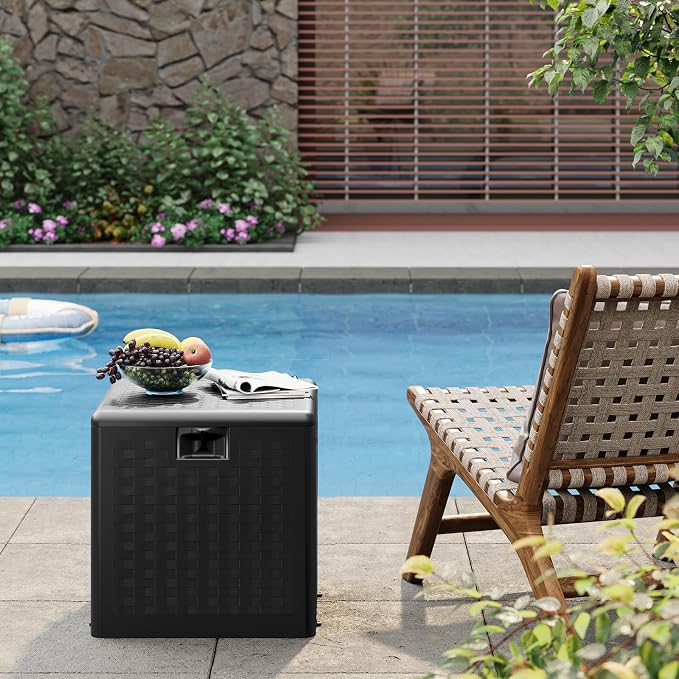 28 Gallon Blow Molded Storage Box, Imitation Rattan Pattern Outdoor Storage Bin with Lid, Large Plastic Deck Box for Patio, Balcony, Garage, Bedroom Indoor & Outdoor Organization