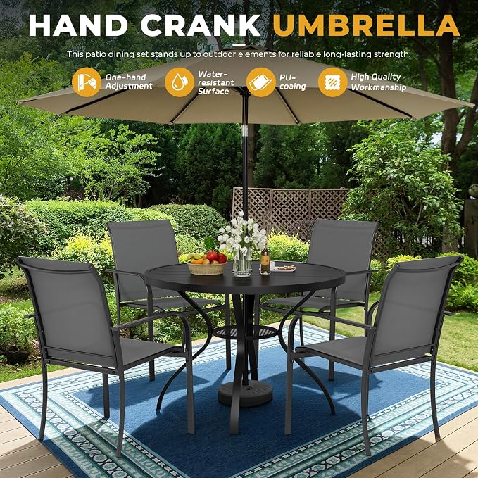 Incbruce 6 PCS Patio Dining Set with Brown Umbrella, Outdoor Dining Set of 4 Textilene Chairs and 41" Round Table with Umbrella Hole for Backyard, Garden, and Poolside (Grey)