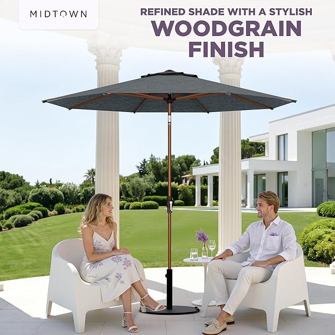 Midtown Umbrellas Wooden 2-8 Ft Patio Umbrella with 360° Swivel & Tilt Mechanism, 8 Fiberglass Ribs & Sunbrella Fabric - Outdoor Umbrella for Deck, Pool & Garden - Burgundy Canopy, Wooden Pole