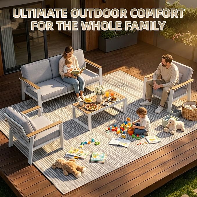 Premium Aluminum Patio Furniture Set 4 Piece,Outdoor Conversation Set with Wide Armrest,5" Thick Cushions, Olefin Fabric,Rustproof Metal Frame,Deep Seating Patio Sofa Set for Backyard,Deck,villa,White