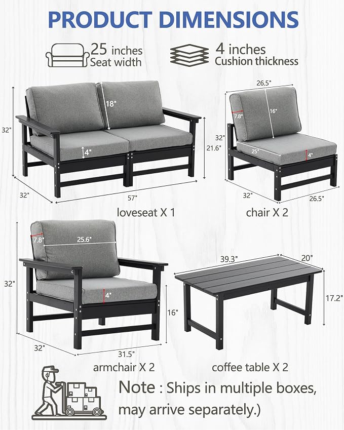 HDPE Outdoor Patio Furniture Set, 8-Piece Sofa Set with 4-Seat Couch, 2 Armchairs & 2 Coffee Tables, Weatherproof Conversation Set with Cushions, All-Weather Waterproof, for Garden, Porch & Backyard