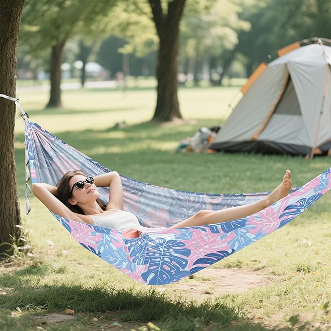Camping Hammock Outdoor Hammocks for Outside Blue Pink Monstera Leaves Beach Trees Portable Lightweight with Pockets Tree Straps Indoor