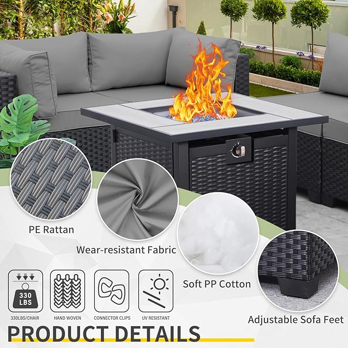 WAROOM Outdoor 5 Piece Patio Furniture Set, Black Rattan Conversation Couch Resin Wicker Sectional Sofa Outside Chair with Propane Fire Pit Table, Grey Cushion