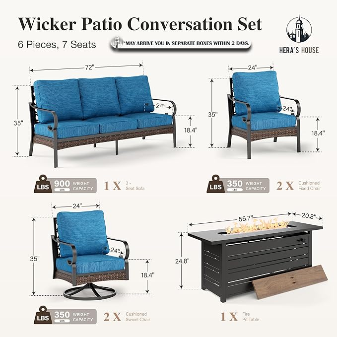 HERA'S HOUSE 6 Piece Metal Patio Furniture Set with 56" Fire Pit Table, All Weather Outdoor Conversation Set 7 Seats, 3 Seat Sofa, 2 Swivel Chair, 2 Fixed Chair for Backyard Garden Deck, Pacific Blue