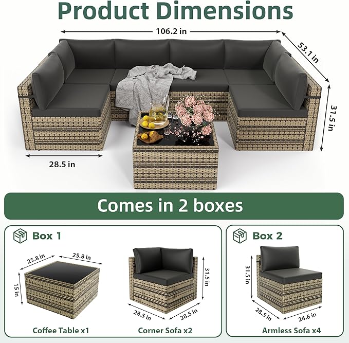 7-Piece Outdoor Sectional Sofa Set, Weather-Resistant Patio Furniture Set with Washable Cushions and Coffee Table, Brown Rattan Patio Conversation Set for Poolside, Backyard, Deck (Black)