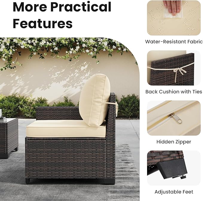 Soohow 7-Piece Patio Furniture Set with 44" Fire Pit Table, Outdoor Sectional Wicker Rattan Conversation Set for Garden, Porch, Backyard - Beige Cushions
