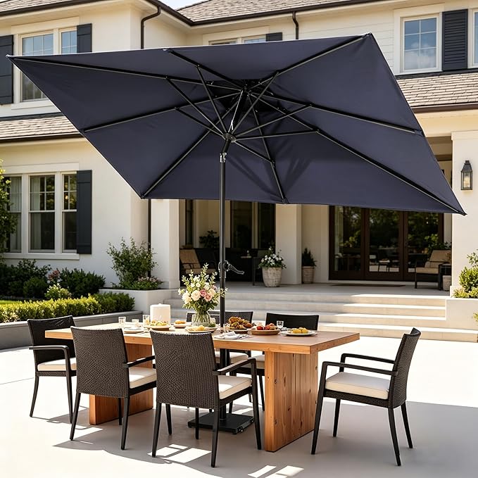 9-10ft Patio Umbrella with Base Included - Outdoor Table Umbrella with 2-Year Fade-Resistant Canopy, 43-lb Heavy-Duty Concrete Umbrella Stand with Wheel for Deck, Porch & Backyard