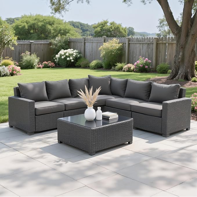 Patio Furniture Set, 7PCS Outdoor Sectional PE Rattan Patio Conversation Set w/Thickened Cushion Modular Wicker Patio Sofa Set w/Coffee Table for Balcony, Backyard(Grey)