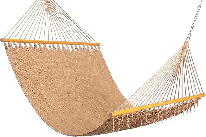 Double Saniwerke Caribbean Hammock, Hand-Woven with Wooden Spreader Bars, 79" Wide x 12 ft Long, Outdoor Indoor Use, Double Person Hammock for Patio Balcony Porch Relaxation, Soft Tan