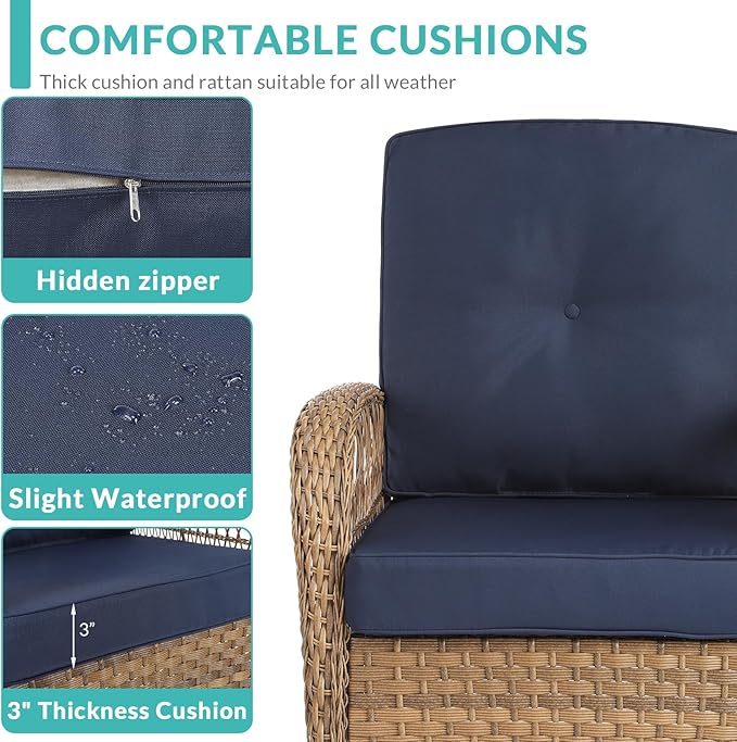MEETWARM 4 Piece Outdoor Wicker Patio Set w/Glider Loveseat, 2 Chairs & Glass-Top Coffee Table, Thickened Cushions, Navy Blue