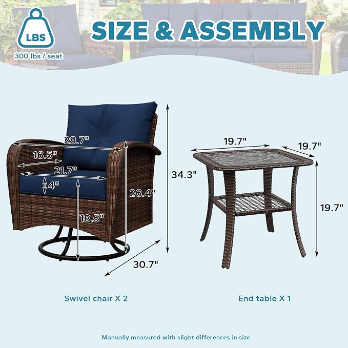 3 Pieces Conversation Furniture Set of Patio Swivel Rocking Chairs and End Table, Wicker Rattan Outdoor Set with Washable Cushions for Backyard, Poolside, Sunroom (Navy Blue)
