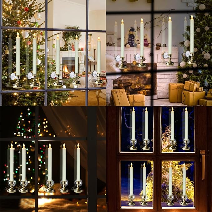 DRomance Flameless Window Candles with Remote and Timer, Battery Operated LED Taper Candles with Suction Cups Set of 6 Christmas Window Candle Holiday Decor(Gold Holders)