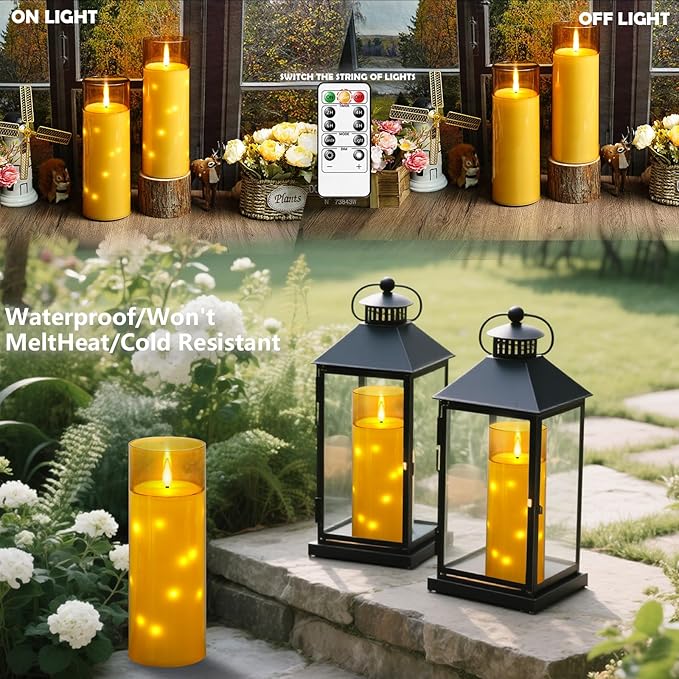 kakoya 11" x 4" Large Outdoor Waterproof Flameless LED Candles with Remote and Timer,Acrylic Pillar Candles Battery Operated with Embedded Star String for Porch,Patio,Outdoor Decor,Set of 2(Gold)