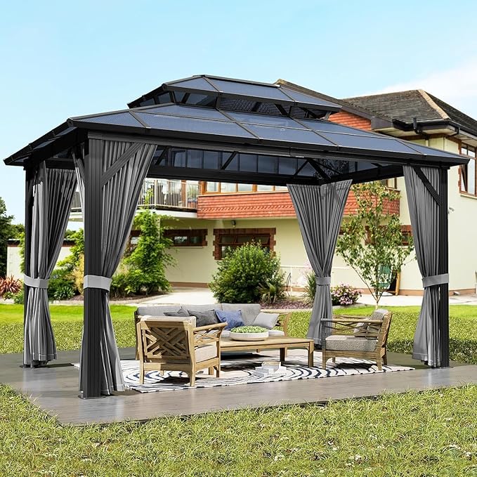 GAOMON 10'x13' Hardtop Gazebo, Outdoor Polycarbonate Double Roof Canopy, Aluminum Frame Permanent Pavilion with Curtains and Netting, Sunshade for Garden, Patio, Lawns, Gray