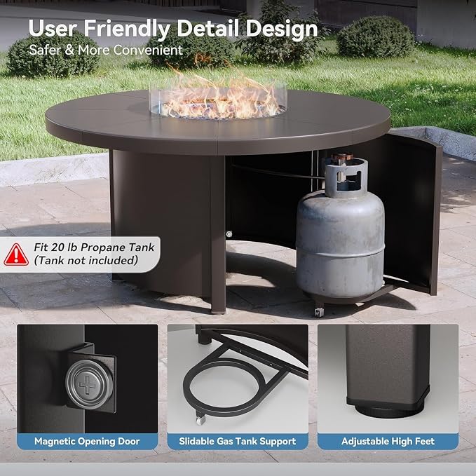 Kullavik 5 Piece Metal Outdoor Patio Furniture Set with Fire Pit Table,Outdoor Dining Table Set with 4 Fixed Chairs and 55000 BTU Outdoor Round Fire Pit,Sand