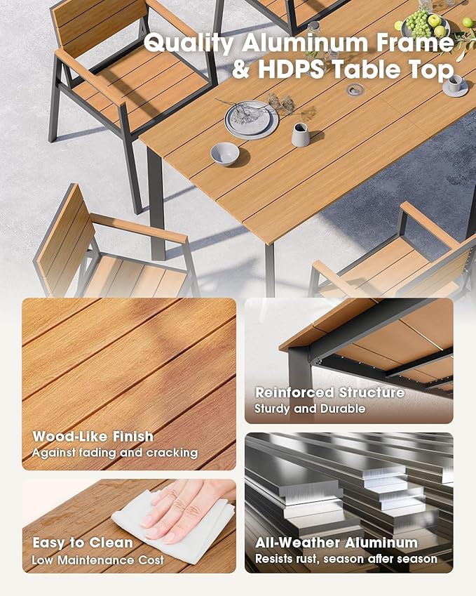 Outdoor Dining Set, Aluminum Patio HDPS Outdooor Table and Chairs Set with Umbrella Hole, All Weather Patio Furniture Set, Patio Dining Table Set,Gray & Teak,7 Pieces