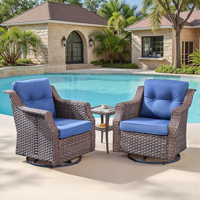 Outdoor Swivel Rocking Chair 3-Piece Set,All-Weather Wicker Rocking Chair Combination PE Rattan with Elegant Side Table Ideal for Courtyards, Balconies, Patios, and Porches Brown/Blue