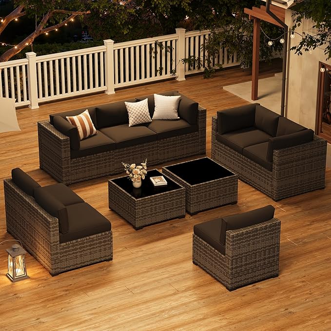 LazySunsets 10-Piece Patio Furniture Set, Wicker Rattan Outdoor Furniture with Thick Cushions, Patio Conversation Sets with Coffee Table, Outdoor Sectional Couch Sofa with Waterproof Cover, Black