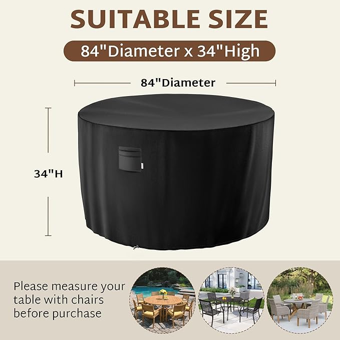 iBirdie Round Patio Furniture Cover 84 x 34 inch, 7 ft, Outdoor Waterproof and Weatherproof for Garden Table and Chairs, Heavy Duty 600D, fit 84, 82 Diameter