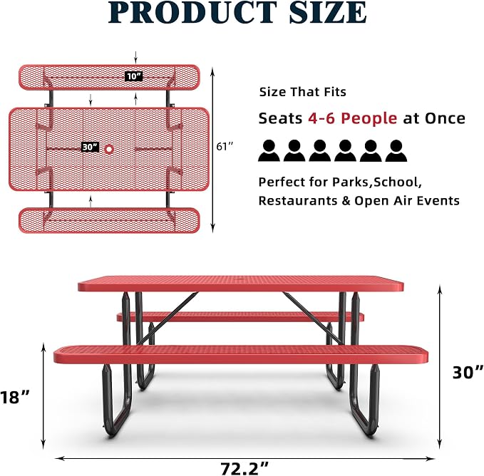 KEIKI 72" Heavy-Duty Metal Picnic Table with Benches, Commercial Outdoor Steel Table with 2.12" Umbrella Hole, 2.5mm Mesh Top, Rust-Resistant Coating, Patio Backyard Park Dining Furniture, Red
