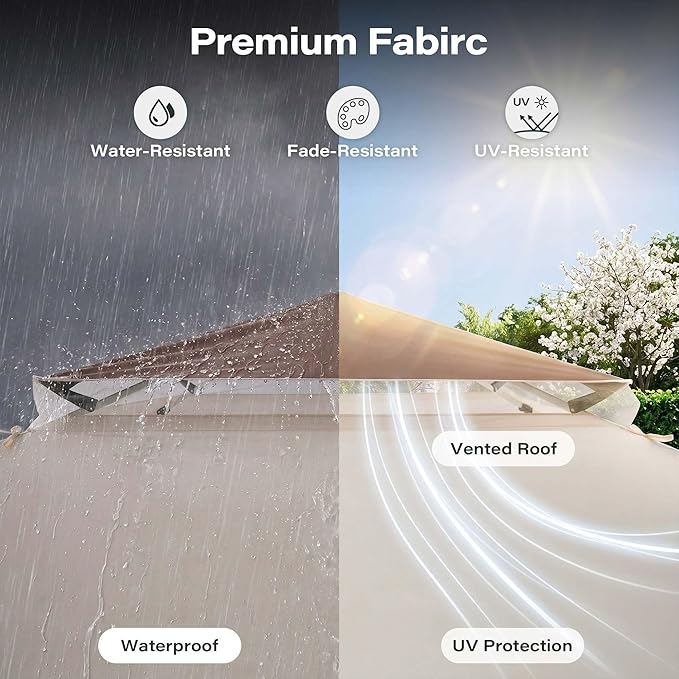 LAUSAINT HOME 11x11 Pop Up Gazebo Canopy Tent with Mosquito Netting, Instant One-Push Setup, Adjustable Height Outdoor Canopy Shelter with Carry Bag for Patio, Backyard, Camping, Parties & BBQs, Khaki