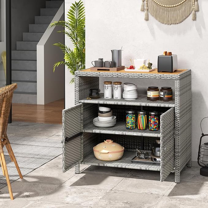 Tangkula Rattan Outdoor Storage Cabinet, Patiojoy Outdoor Cabinet with Acacia Wood Countertop, Open Compartment, 2-Door Wicker Sideboard, Outdoor Bar for Patio Garden Backyard Poolside (Mix Grey)