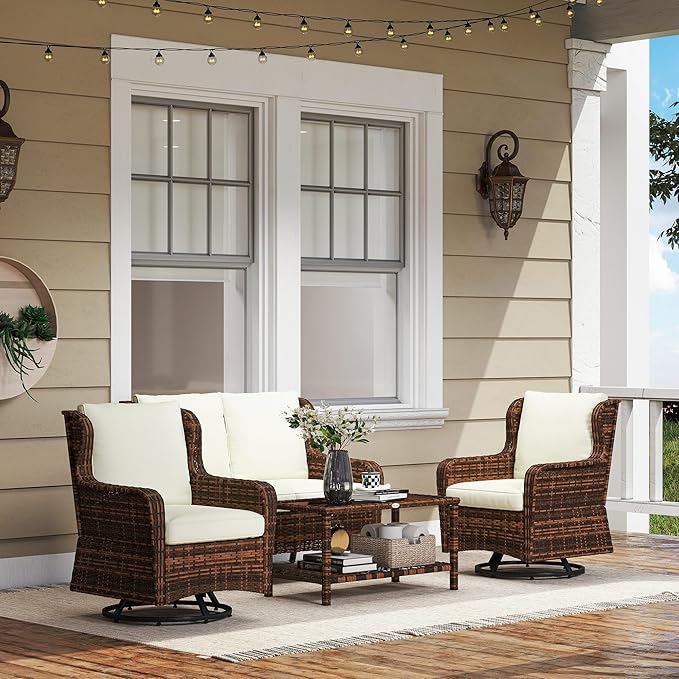 Outsunny 4 Piece PE Rattan Outdoor Patio Furniture Set, Wicker Conversation Set with 2 Swivel Glider Chairs, 2-Tier Glass Table and Loveseat for Garden, Patio, Poolside, Cream White